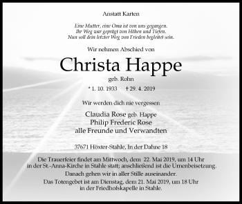 Traueranzeige von Christa Happe von Westfalen-Blatt