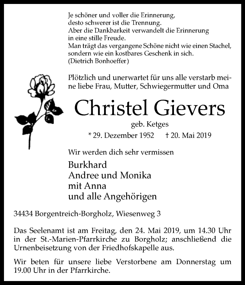  Traueranzeige für Christel Gievers vom 22.05.2019 aus Westfalen-Blatt