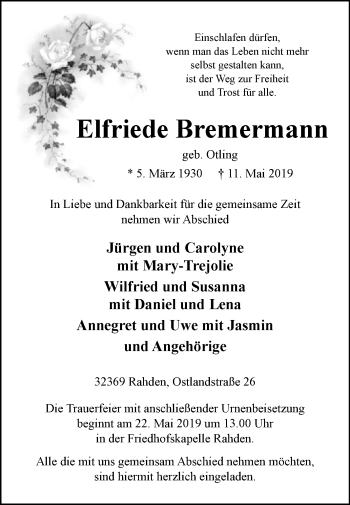 Traueranzeige von Elfriede Bremermann von Westfalen-Blatt