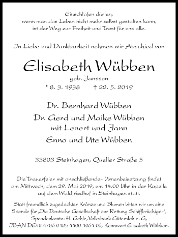 Traueranzeige von Elisabeth Wübben von Westfalen-Blatt