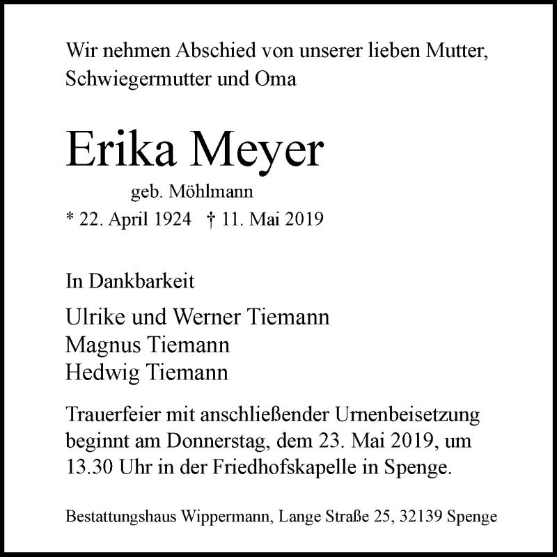 Traueranzeigen von Erika Meyer | www.westfalen-blatt.de