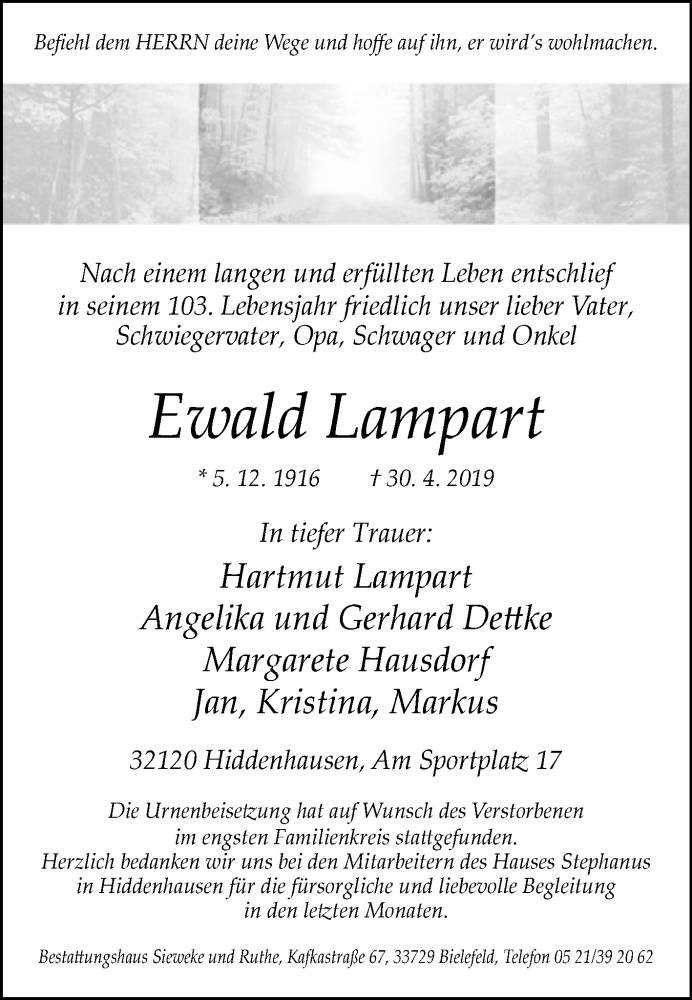  Traueranzeige für Ewald Lampart vom 11.05.2019 aus Westfalen-Blatt