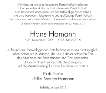 Traueranzeige von Hans Hamann von Westfalen-Blatt