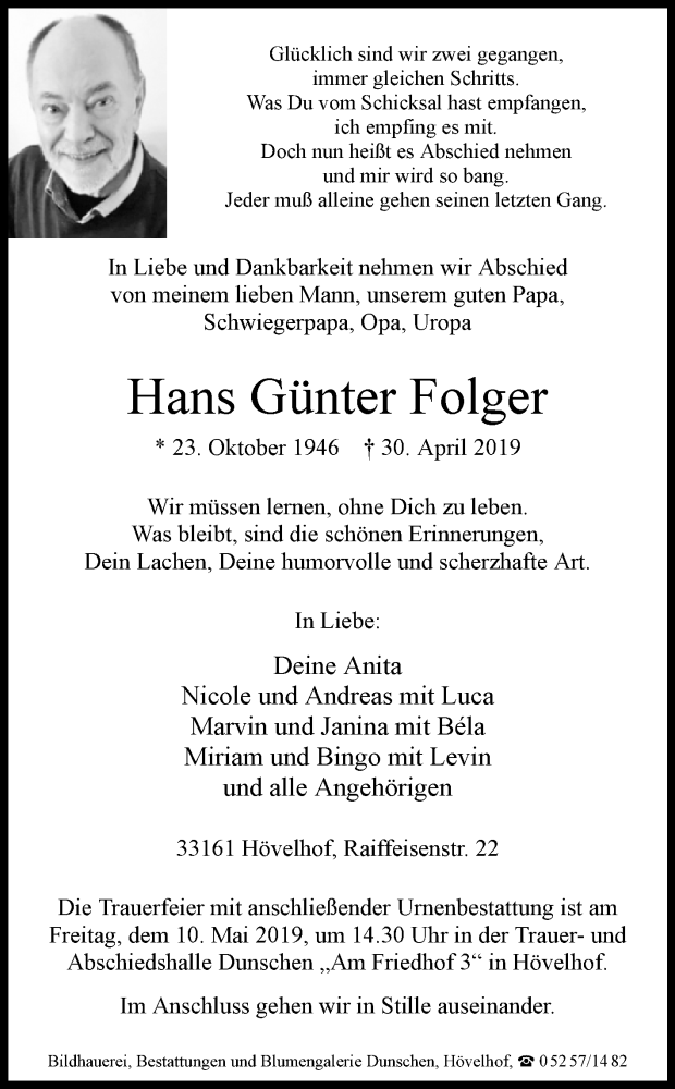  Traueranzeige für Hans Günter Folger vom 04.05.2019 aus Westfalen-Blatt