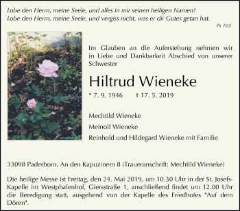 Traueranzeige von Hiltrud Wieneke von Westfalen-Blatt