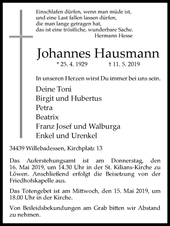 Traueranzeige von Johannes Hausmann von Westfalen-Blatt