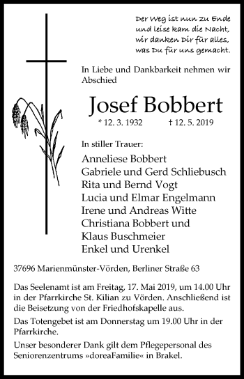 Traueranzeige von Josef Bobbert von Westfalen-Blatt