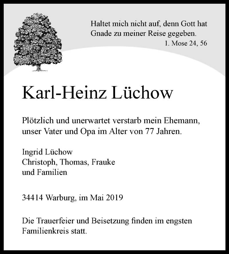  Traueranzeige für Karl-Heinz Lüchow vom 27.05.2019 aus Westfalen-Blatt