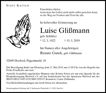 Traueranzeige von Luise Glißmann von Westfalen-Blatt