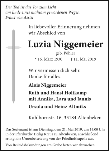 Traueranzeige von Luzia Niggemeier von Westfalen-Blatt