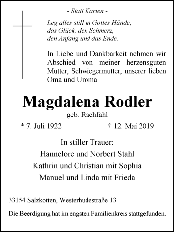 Traueranzeige von Magdalena Rodler von Westfalen-Blatt