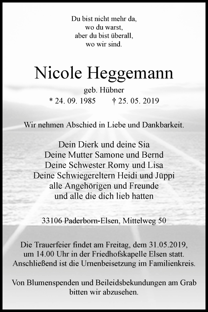  Traueranzeige für Nicole Heggemann vom 28.05.2019 aus Westfalen-Blatt