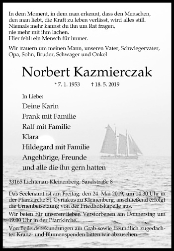 Traueranzeige von Norbert Kazmierczak von Westfalen-Blatt