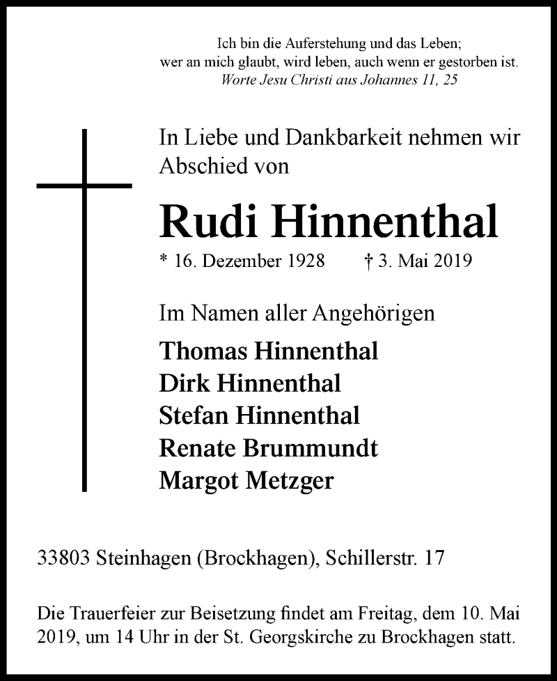  Traueranzeige für Rudi Hinnenthal vom 06.05.2019 aus Westfalen-Blatt