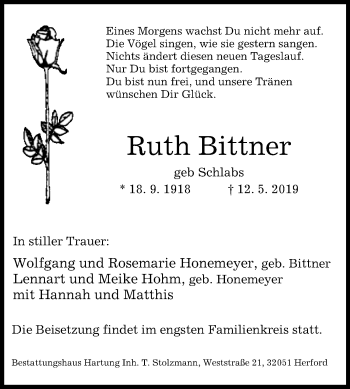 Traueranzeige von Ruth Bittner von Westfalen-Blatt