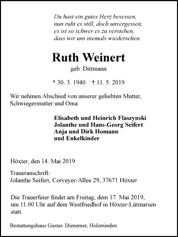 Traueranzeige von Ruth Weinert von Westfalen-Blatt