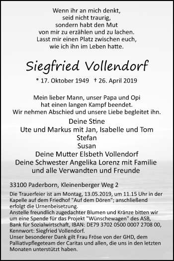 Traueranzeige von Siegfried Vollendorf von Westfalen-Blatt