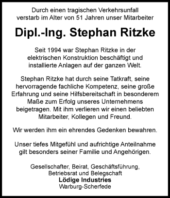 Traueranzeige von Stephan Ritzke von Westfalen-Blatt
