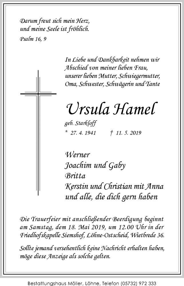 Traueranzeige für Ursula Hamel vom 15.05.2019 aus Westfalen-Blatt