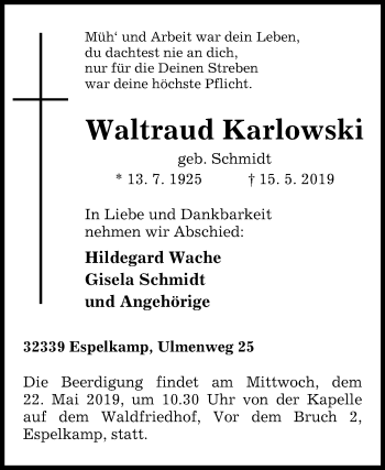 Traueranzeige von Waltraud Karlowski von Westfalen-Blatt