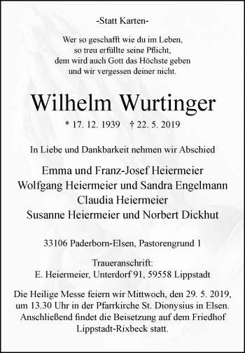 Traueranzeige von Wilhelm Wurtinger von Westfalen-Blatt