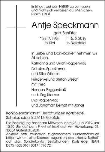 Traueranzeige von Antje Speckmann von Westfalen-Blatt