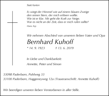 Traueranzeige von Bernhard Kuhoff von Westfalen-Blatt