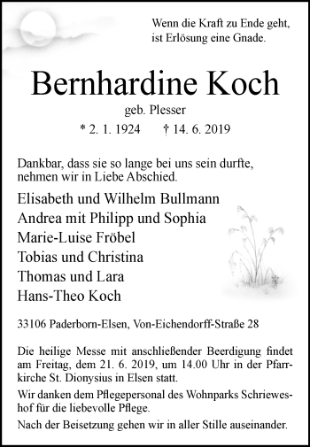 Traueranzeige von Bernhardine Koch von Westfalen-Blatt