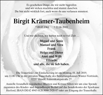 Traueranzeige von Birgit Krämer-Taubenheim von Westfalen-Blatt
