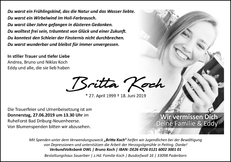  Traueranzeige für Britta Koch vom 22.06.2019 aus Westfalen-Blatt