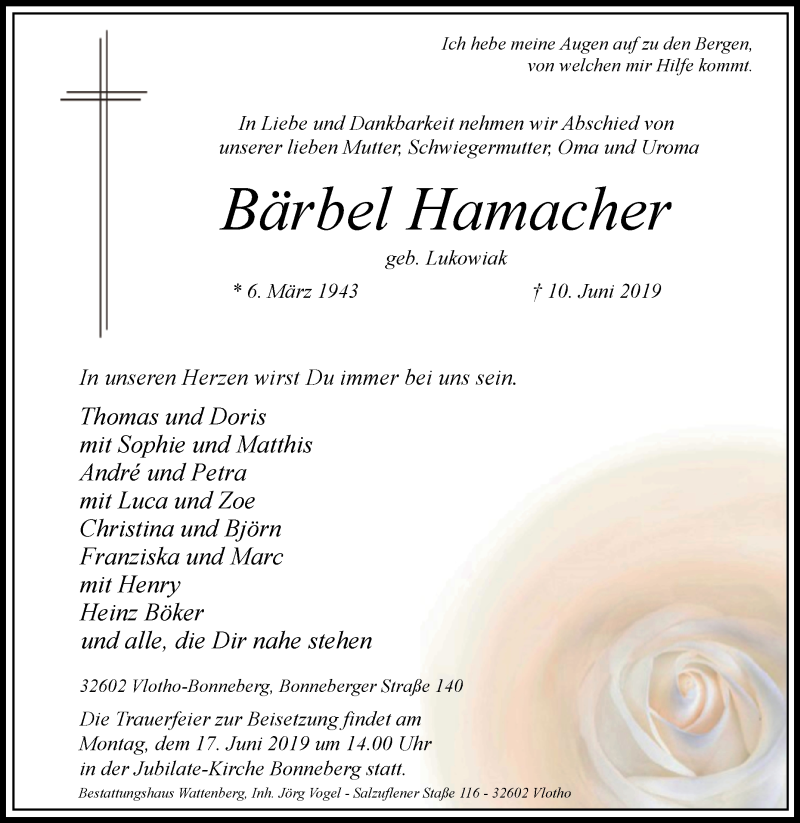  Traueranzeige für Bärbel Hamacher vom 13.06.2019 aus Westfalen-Blatt