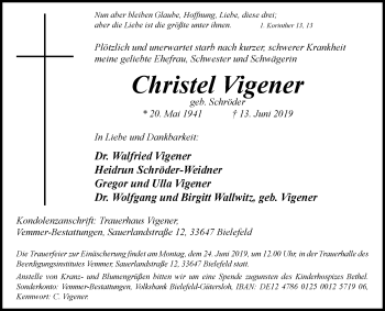 Traueranzeige von Christel Vigener von Westfalen-Blatt