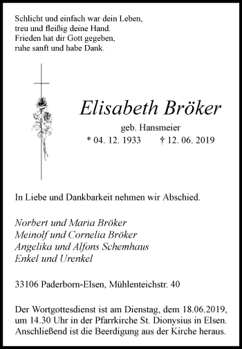 Traueranzeige von Elisabeth Bröker von Westfalen-Blatt