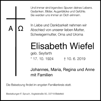 Traueranzeige von Elisabeth Wiefel von Westfalen-Blatt