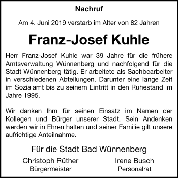 Traueranzeige von Franz-Josef Kuhle von Westfalen-Blatt