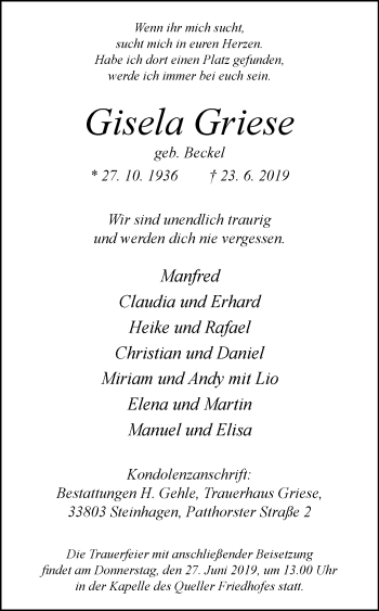 Traueranzeige von Gisela Griese von Westfalen-Blatt