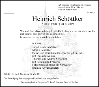Traueranzeige von Heinrich Schöttker von Westfalen-Blatt