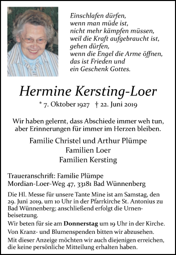 Traueranzeige von Hermine Kersting-Loer von Westfalen-Blatt