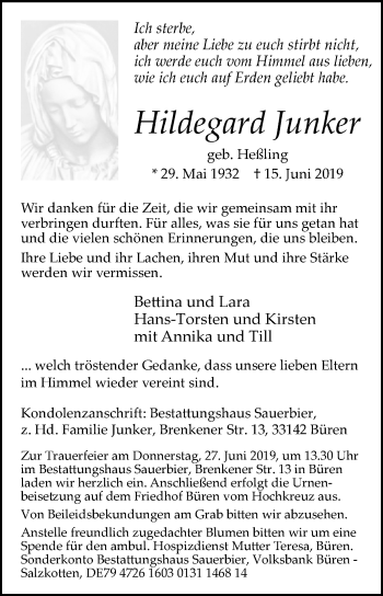 Traueranzeige von Hildegard Junker von Westfalen-Blatt
