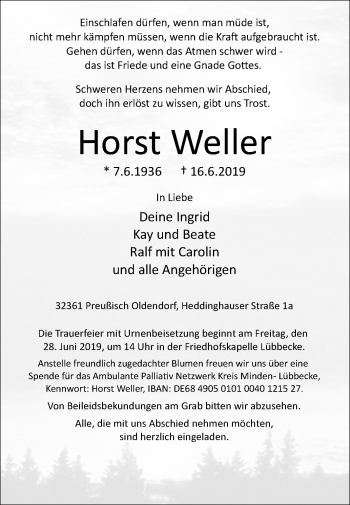 Traueranzeige von Horst Weller von Westfalen-Blatt