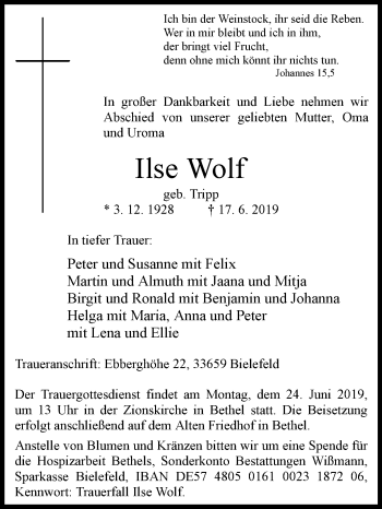 Traueranzeige von Ilse Wolf von Westfalen-Blatt