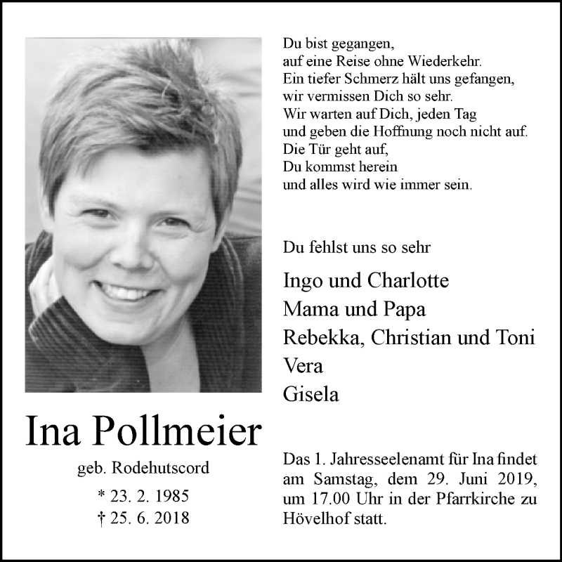  Traueranzeige für Ina Pollmeier vom 25.06.2019 aus Westfalen-Blatt