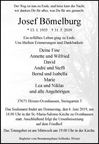 Traueranzeige von Josef Bömelburg von Westfalen-Blatt
