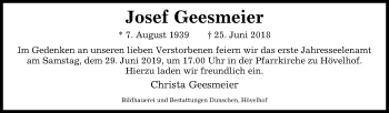 Traueranzeige von Josef Geesmeier von Westfalen-Blatt