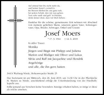 Traueranzeige von Josef Moers von Westfalen-Blatt
