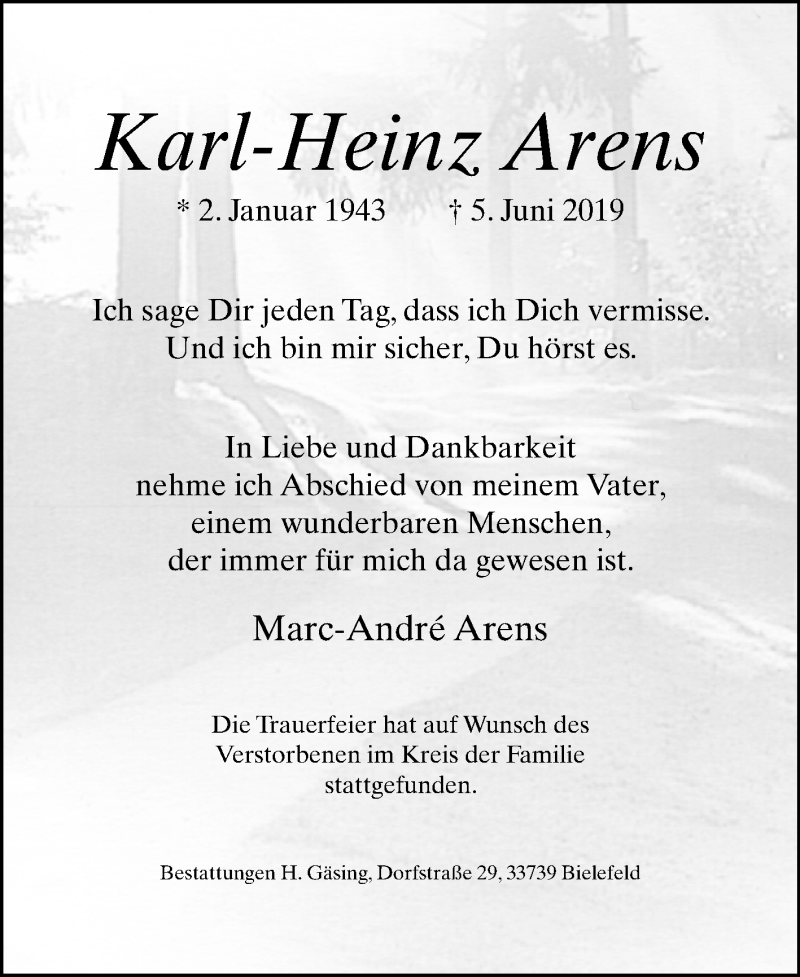  Traueranzeige für Karl-Heinz Arens vom 22.06.2019 aus Westfalen-Blatt