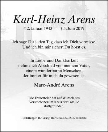 Traueranzeige von Karl-Heinz Arens von Westfalen-Blatt
