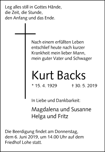 Traueranzeige von Kurt Backs von Westfalen-Blatt