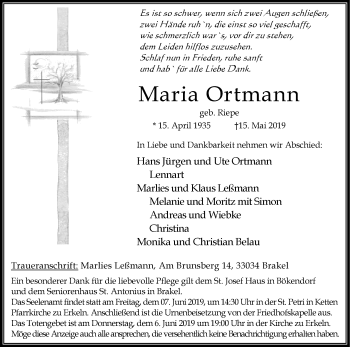 Traueranzeige von Maria Ortmann von Westfalen-Blatt