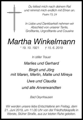 Traueranzeige von Martha Winkelmann von Westfalen-Blatt